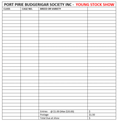 Port Pirie Budgerigar Society Young Stock Show Entry Form