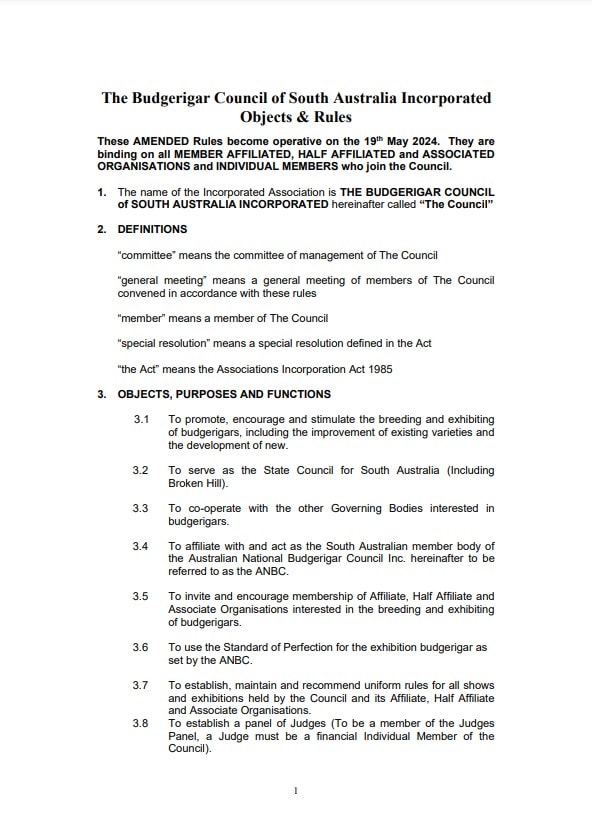 BCSA Constitution, Constitution of the Budgerigar Council of South Australia Incorporated