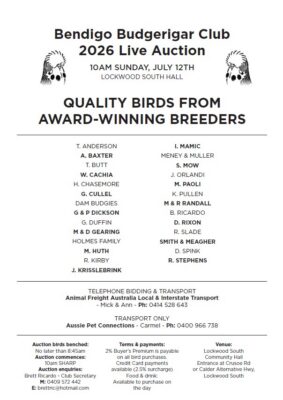 Bendigo Budgerigar Club Auction 2026